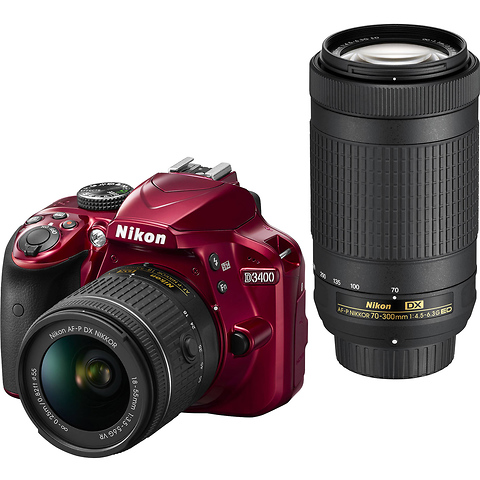 D3400 Digital SLR Camera with 18-55mm and 70-300mm Lenses (Red) Image 0