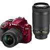 D3400 Digital SLR Camera with 18-55mm and 70-300mm Lenses (Red) Thumbnail 0